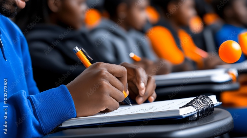 Poster focused learning: a close-up shot of a student's hand diligently taking notes in a classroom, with a