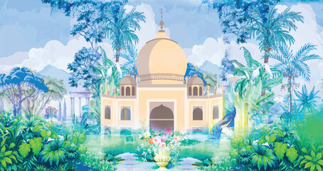 Adobe Illustrator ArtworkTraditional Mughal temple lattice wall peacock tree pattern illustration, Indian Mughal hand drawn floral garden with arch and peacock illustration for invitation