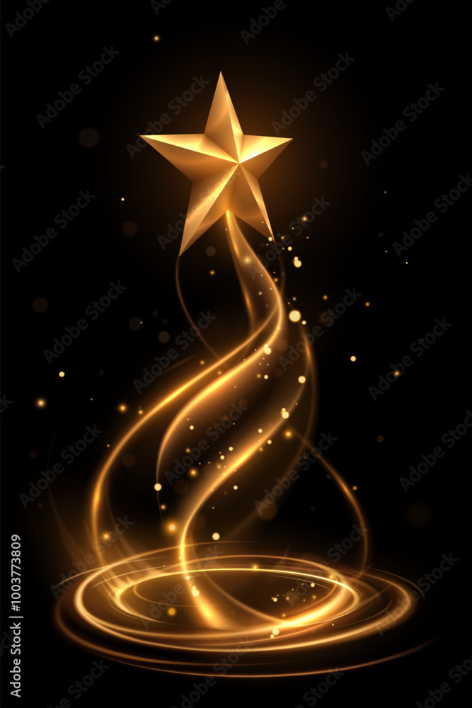 Wall mural golden star with light effect on black background