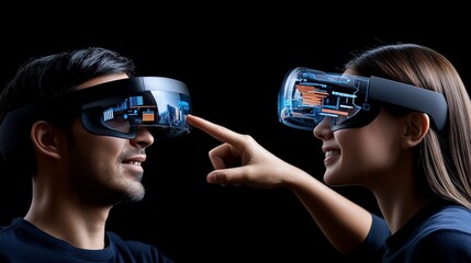 Exploring the Metaverse: A young couple shares a captivating moment, immersed in a shared virtual reality experience, their expressions reflecting wonder and connection.  