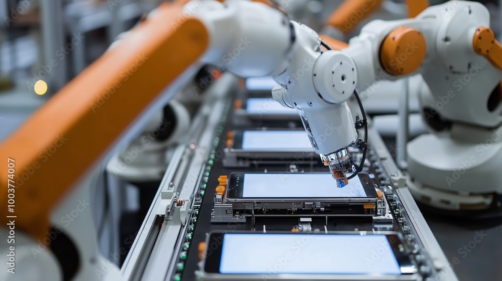 Poster robotic arms assembling smartphones on a production line in a technology factory during daylight hou