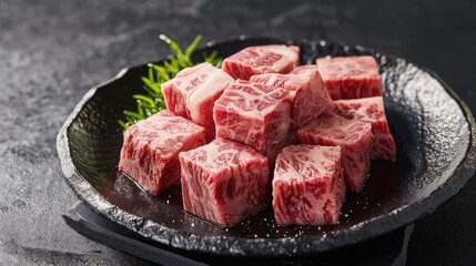 Fototapeta premium Kuroge Wagyu beef cubes thigh shoulder from Kagoshima Prefecture