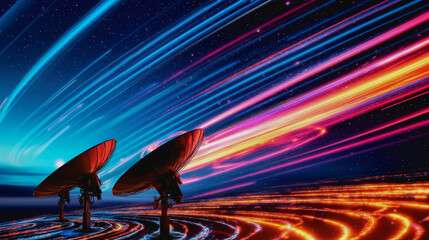 Futuristic communication landscape at dusk with satellite dishes and cosmic backdrop