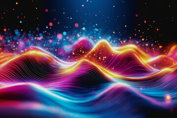 Obraz premium Glowing digital waves of neon light, colorful particles, and futuristic cosmic landscape