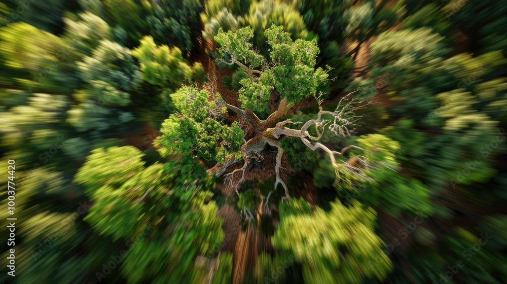 Poster view of a beautiful oak tree from above with zoom blur