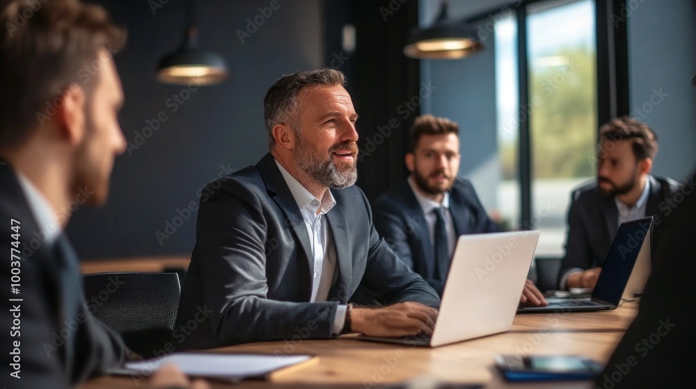 Poster a group of men are sitting around a table with a laptop open