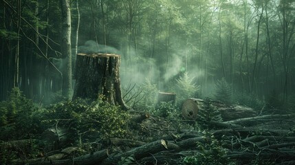 Obraz premium Trees being cut down in a dense forest