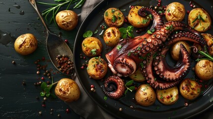 Fototapeta premium Grilled octopus with small potatoes with herbs and spices Top view