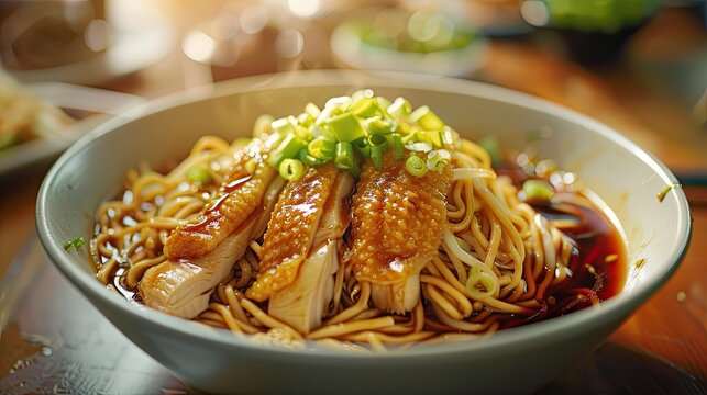 Image of noodles with steamed chicken or locally known as kon low mee