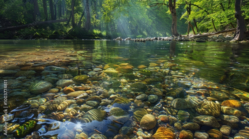Poster crystal clear river with debris rocks and branches gracefully floating on the surface the transparen