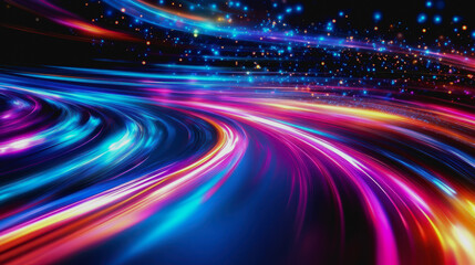 Glowing digital waves of neon light, colorful particles, and futuristic cosmic landscape