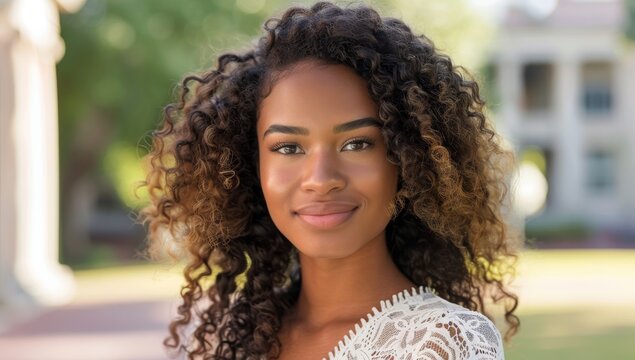 Beautiful African American adult student woman with curly hair, wearing a light-colored top, smiling standing in front of a university building, for adult eduction with a blurred background.