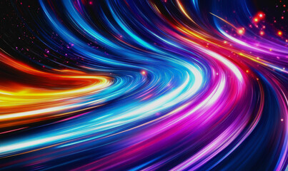 Glowing digital waves of neon light, colorful particles, and futuristic cosmic landscape