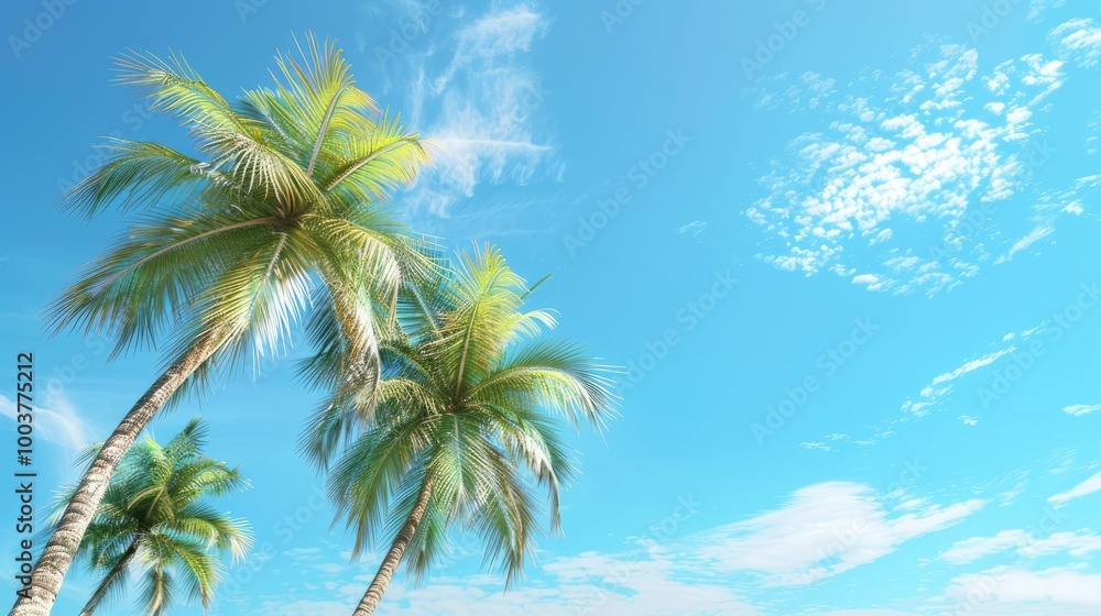 Poster Palm trees against blue sky Palm trees at tropical coast coconut tree summer tree background with copy space High quality photo