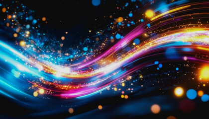 Obraz premium Glowing digital waves of neon light, colorful particles, and futuristic cosmic landscape