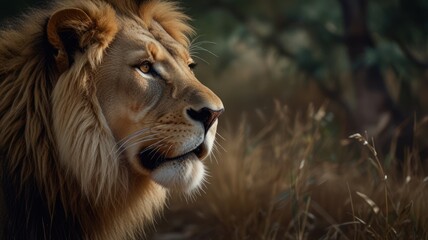 A majestic lion with a thick mane looks off to the side in a grassy field, with a blurred background of green foliage.