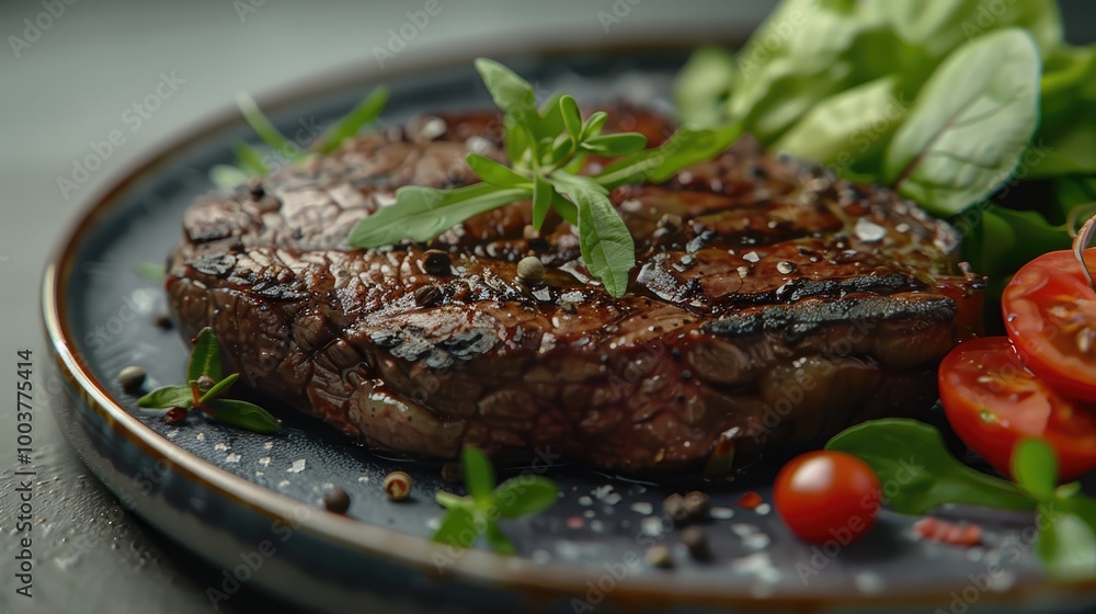 Poster barbecue dry aged wagyu entrecote beef steak with lettuce and tomatoes as closeup on a modern design