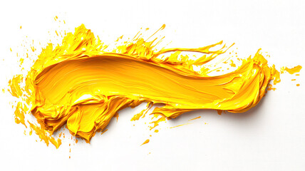 Fototapeta premium A playful textural smear of sunny bright yellow paint on a white background. An element for the design. Splashes of yellow acrylic paint on a white background. The scene is energetic