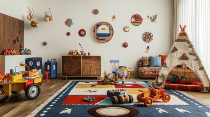 Naklejka premium A stylish eclectic kid's playroom filled with a mix of vintage toys