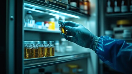 A person is holding a bottle of medicine in a refrigerator