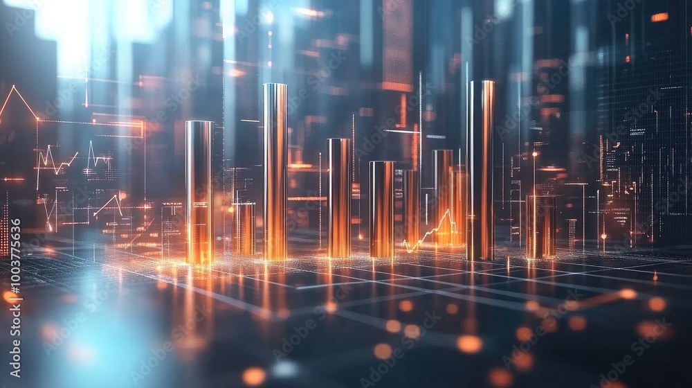 Poster futuristic data visualization with neon bar graphs