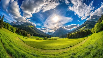 rural, breathtaking, serene, mountain, outdoors, countryside,green meadow, A breathtaking view of a vibrant green meadow nestled in the majestic mountains captured with a fisheye lens
