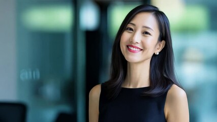 Professional woman smiles confidently in a modern office environment, showcasing elegance and positivity during daytime