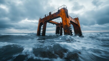 Naklejka premium An abandoned pier emerges from turbulent waves under a moody sky, showcasing weathered textures and dramatic coastal scenery.
