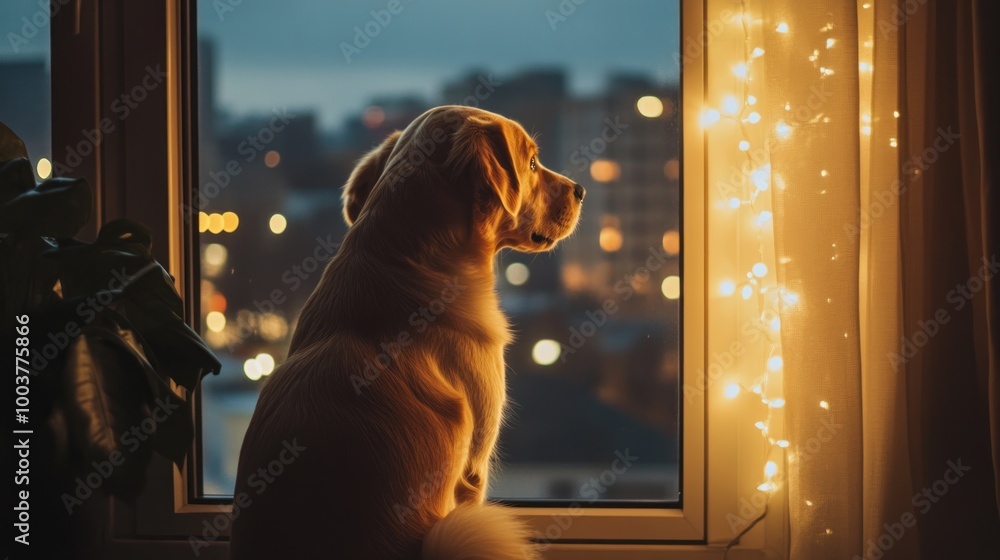 Poster A dog gazes out of a window, illuminated by soft lights, creating a serene atmosphere.