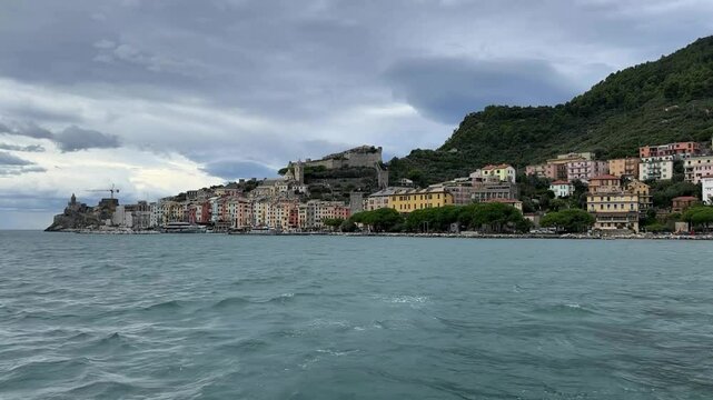 Approaching Porto Venere from the sea. Cinematic