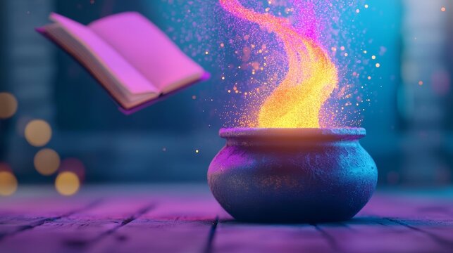 Potion exploding from a cauldron, vibrant colors splashing in all directions, a spellbook hovering above, Halloween decorations in the background