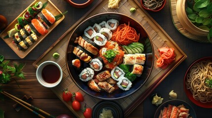 A top view of a variety of sushi with sauteed rice with chicken and vegetables and a bowl of noodles on the table