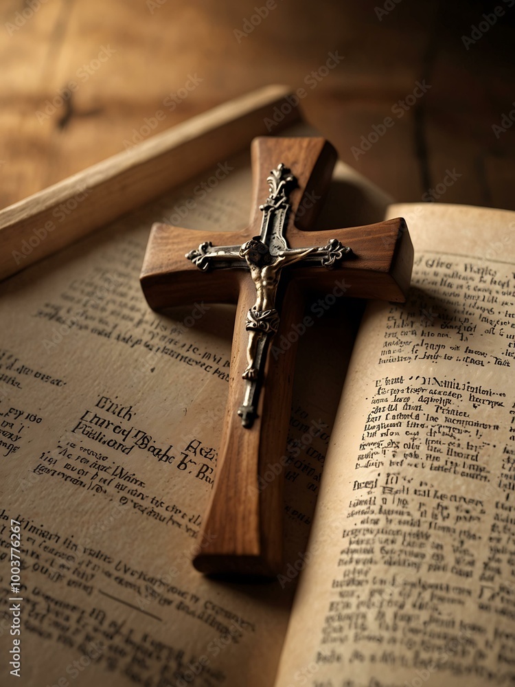 Poster a reflection on faith is captured with a wooden cross and open book on a rustic table illuminated by