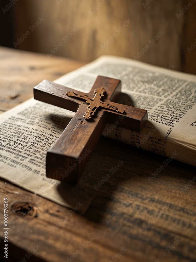 Poster a reflection on faith is captured with a wooden cross and open book on a rustic table illuminated by
