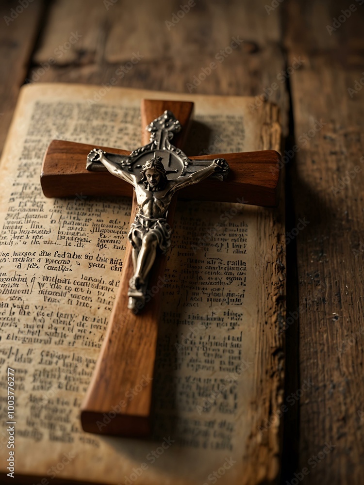 Poster a reflection on faith is captured with a wooden cross and open book on a rustic table illuminated by
