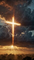 A radiant cross shines through dawn clouds, symbolizing hope in Christianity.