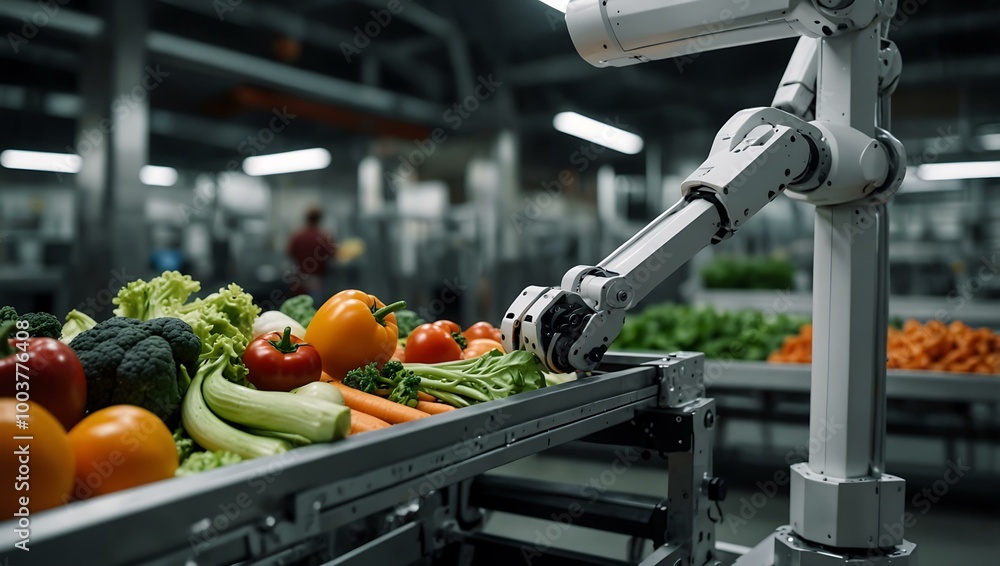 Poster a robotic arm arranges fresh vegetables in a high-tech setting, illustrating food processing automat