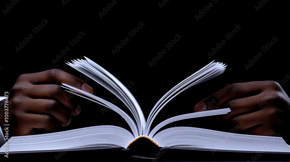 Poster hands turning pages: close-up image of hands turning the pages of a book, emphasizing the act of rea