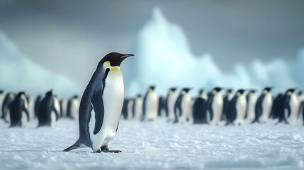 Obraz premium Group of king penguins coming back together from sea to beach with waves in the background