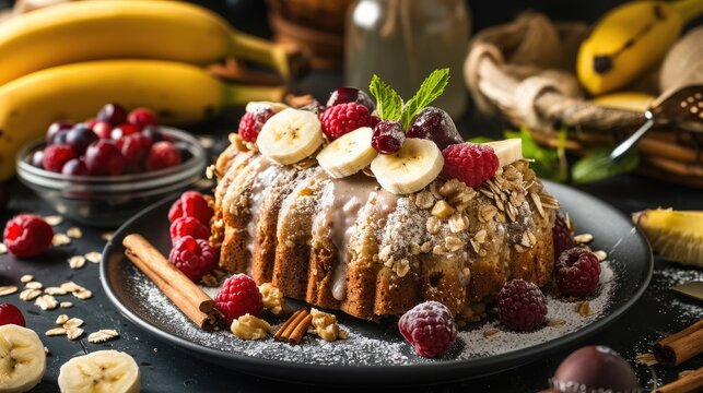 Homemade vegan banana cake gluten and egg free made without milk with cinnamon banana fruit and oatmeal