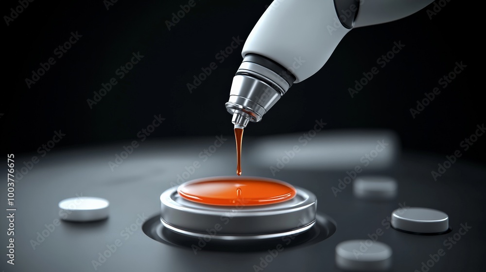 Poster precision dispensing: a close-up shot of a robotic arm precisely dispensing an orange liquid onto a 