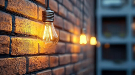 Naklejka premium glowing light bulb hangs against a textured brick wall