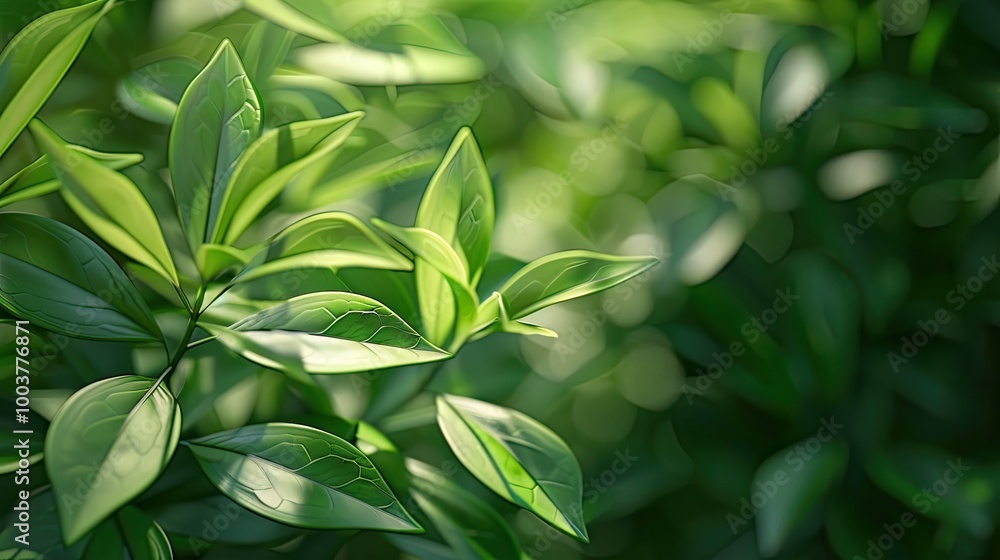 Poster a close up shot of mainly green leaves with soft lighting and a shallow depth of field