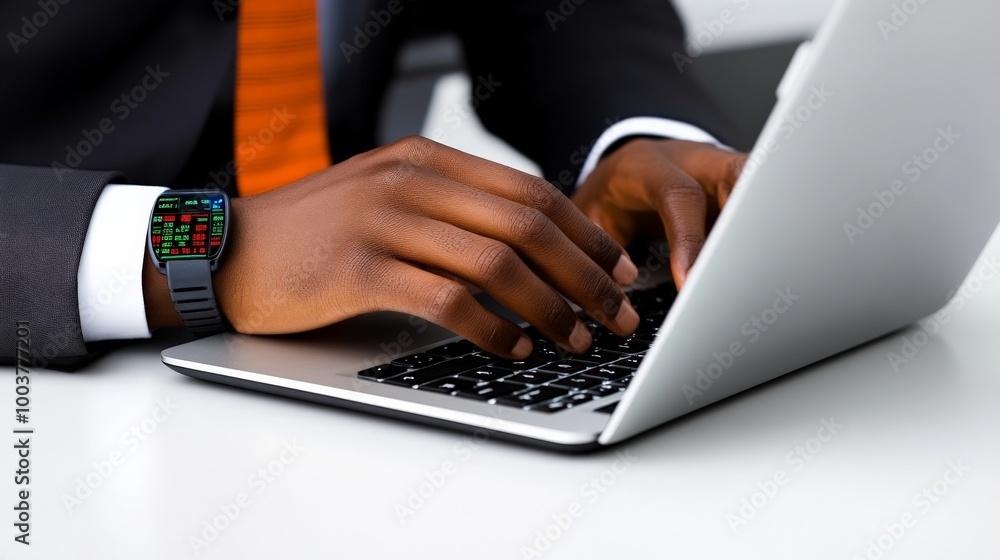 Poster focused on the task: a close-up of a businessman's hands typing on a laptop, showcasing dedication a