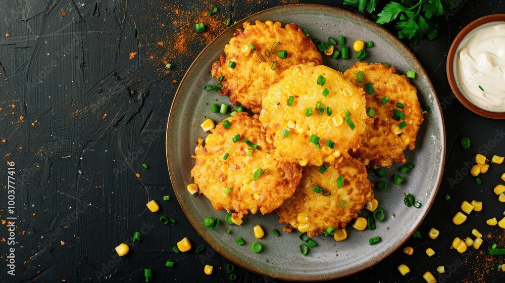 Poster homemade fried cheddar corn fritters on a plate top view flat lay overhead from above copy space