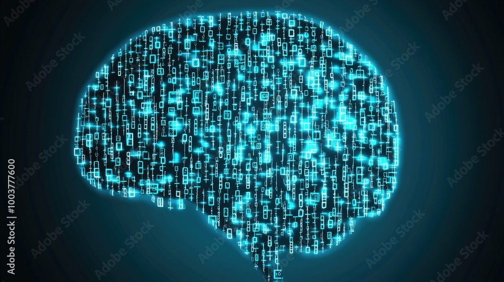 Aufkleber digital brain with data stream in neon style