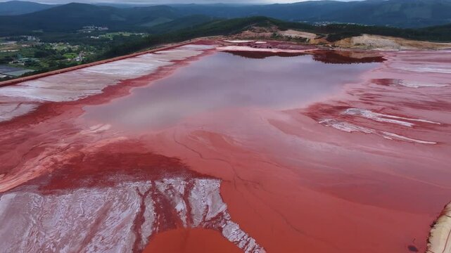 Reflections On Waters Of Red Mud Pond At Alcoa Reservoir In Lugo, Spain. aerial shot