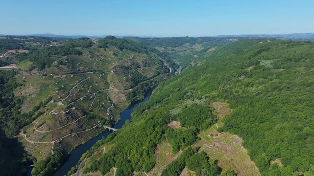 Panoramic Aerial View Of Ponte De Belesar Over The Minho River In Chantada, Lugo, Spain.