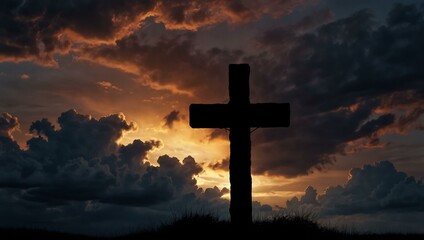 A silhouette before a glowing cross in a dramatic sky represents hope and resurrection at dawn.