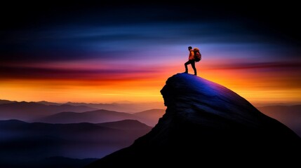 Conquering the Summit: A lone hiker silhouetted against a vibrant sunset, standing triumphantly atop a mountain peak. A breathtaking landscape photo depicting achievement and the beauty of nature.